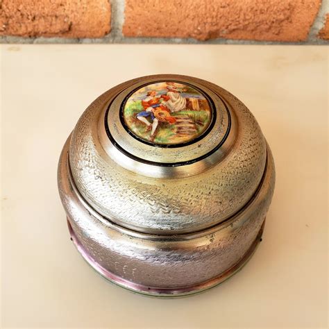 metal face powder music box|vintage powder puff music box.